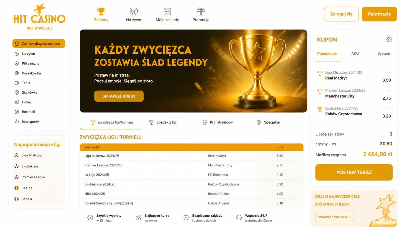 Interfejs zakładów outright – zwycięstwa lig i turniejów