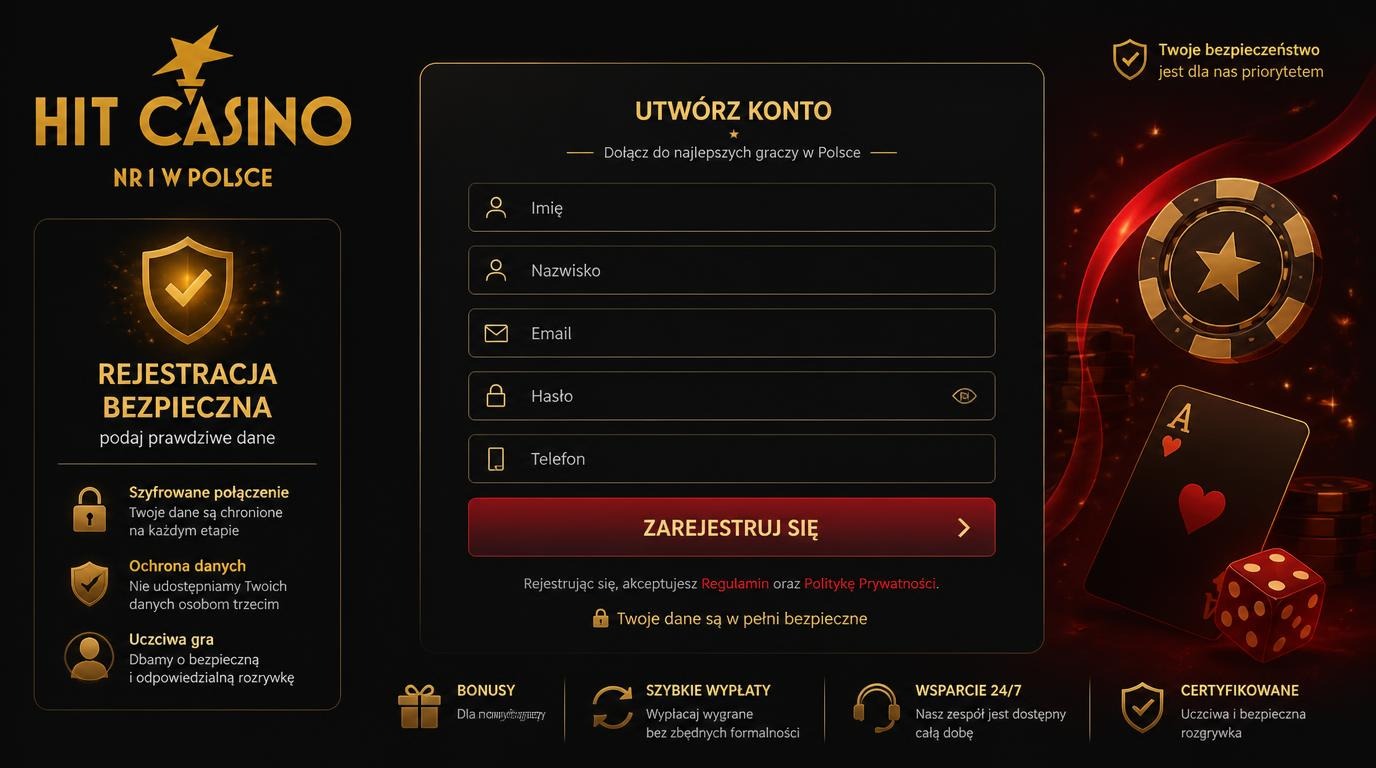  Formularz rejestracji Hit Casino z weryfikacją danych osobowych 