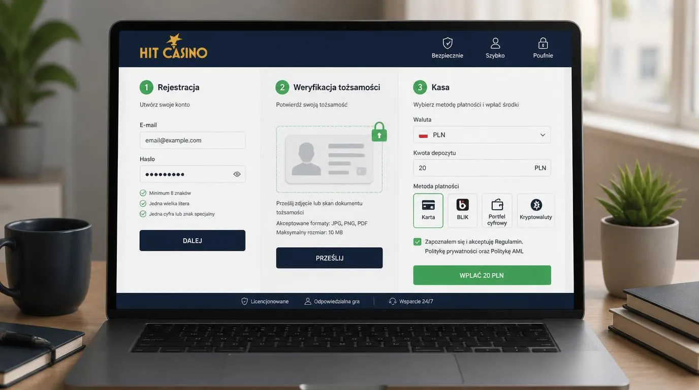 Panel rejestracji, weryfikacji tożsamości i wpłaty w PLN na ekranie laptopa