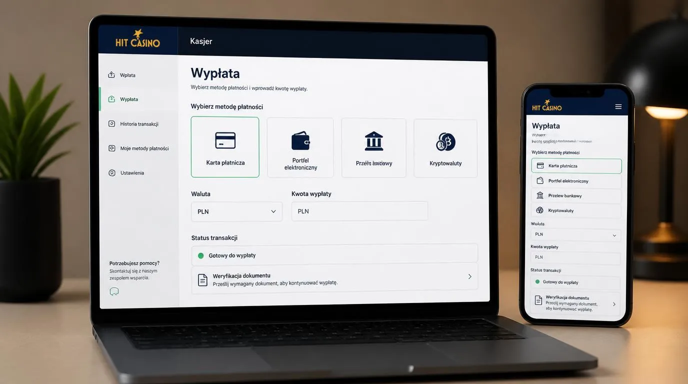 Panel kasjera z wyborem karty, portfela elektronicznego, przelewu i kryptowalut oraz walutą PLN